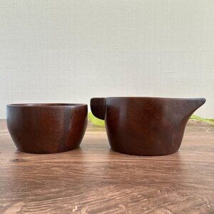 Mid Century Handcrafted Mahogany Sugar Bowl & Creamer Set Made In Haiti
